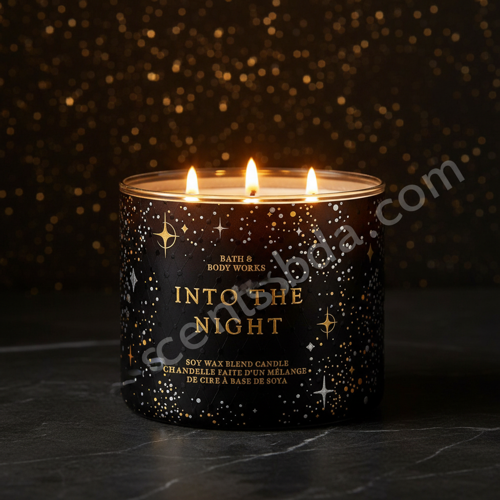 Into The Night candle on dark marble with bokeh stars and scentsbda.com watermark