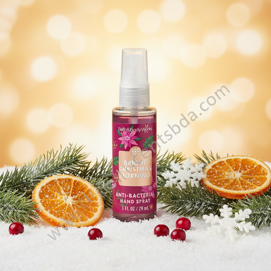 Bright Christmas Morning 1 fl oz Hand Sanitizer with pine, frosted citrus and berries on golden holiday background
