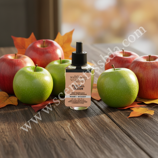 Football Season Wallflower Refill on rustic wood with red and green apples and autumn leaves