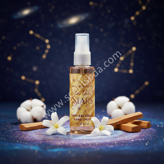 In The Stars 1 fl oz Hand Sanitizer with star jasmine and gold starry bokeh background