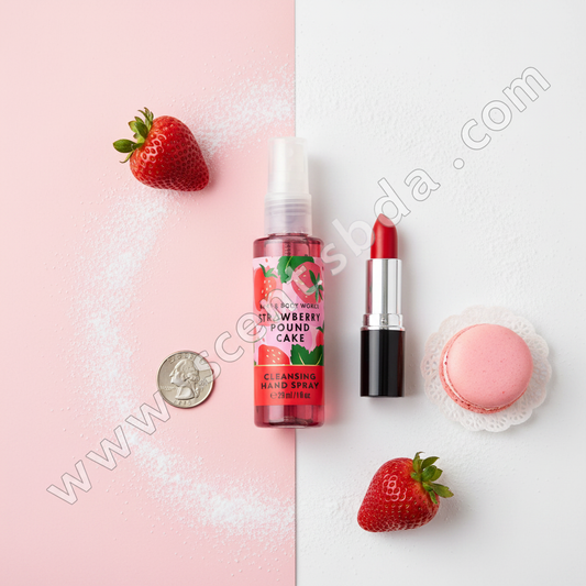 Strawberry Pound Cake 1 fl oz Hand Sanitizer shown next to everyday items for size reference
