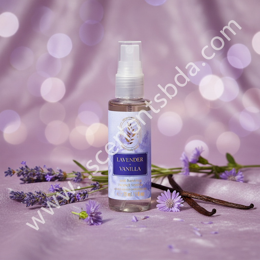 Lavender Vanilla 1 fl oz Hand Sanitizer with fresh lavender sprigs and vanilla pods on purple bokeh background