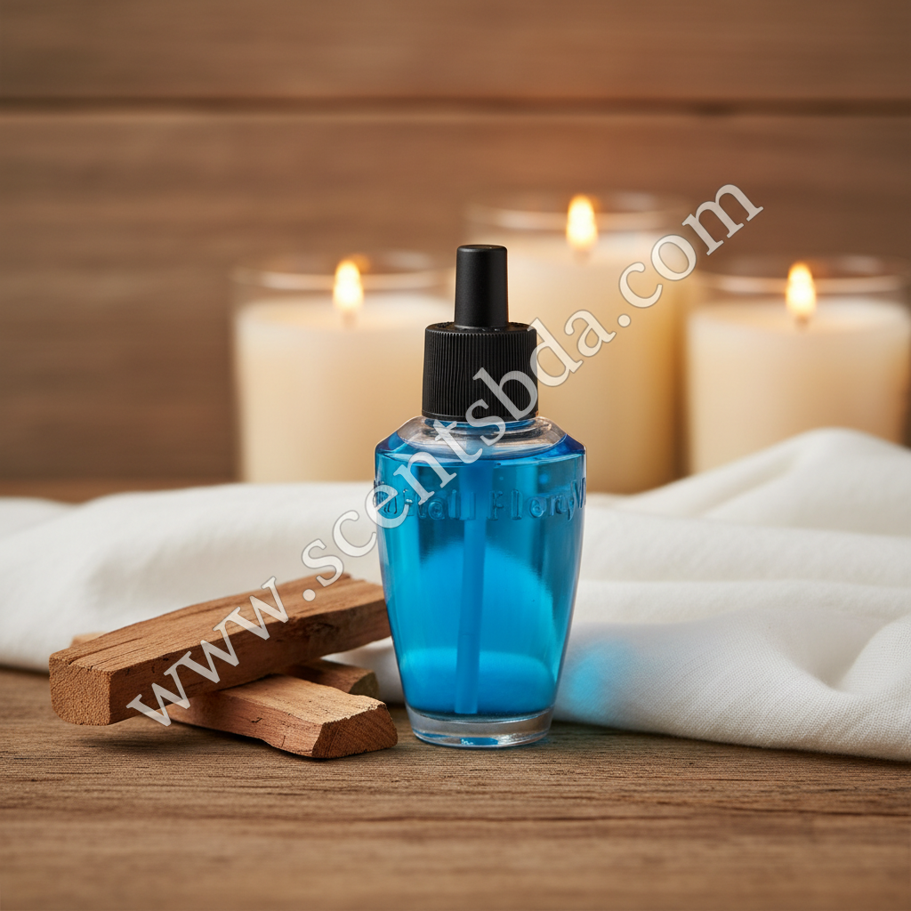 Gingham Wallflower Refill on wooden surface with cedarwood logs and glowing candles