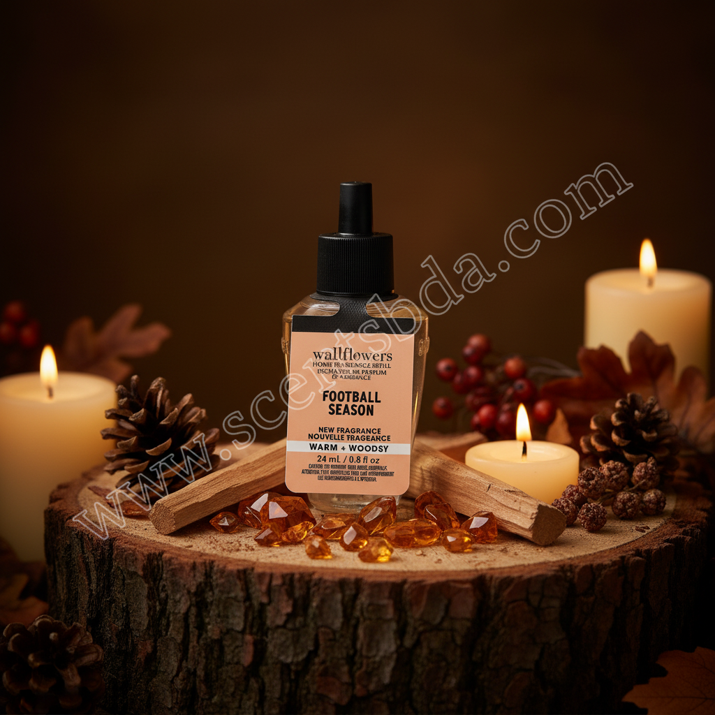 Football Season Wallflower Refill on dark wood with cedarwood pieces, amber crystals and glowing candles
