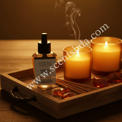 Favorite Hoodie Wallflower Refill on wooden tray with sandalwood sticks and glowing candles
