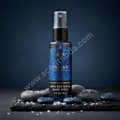 Men's Ocean 1 fl oz Hand Sanitizer on dark slate with ocean pebbles and sea salt crystals