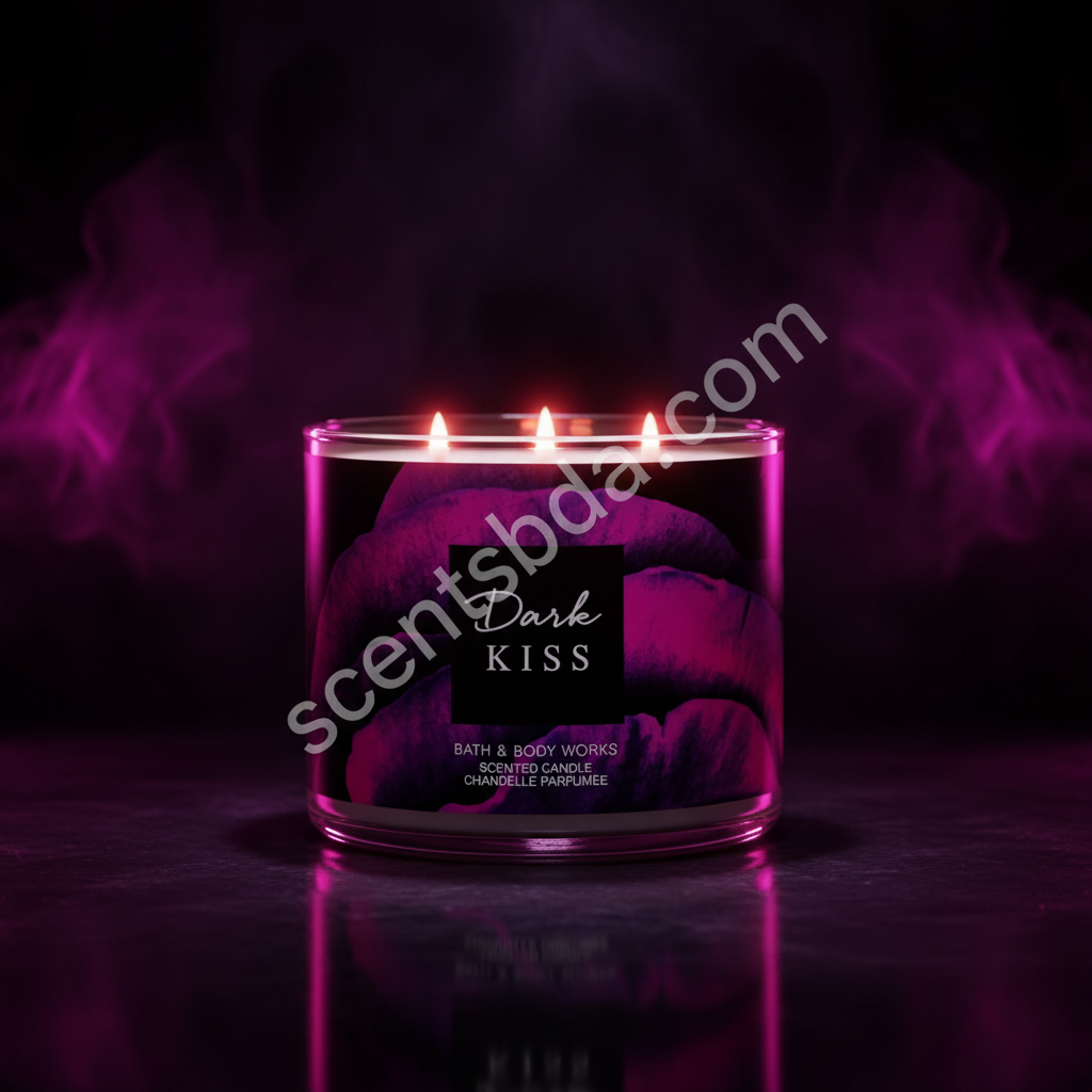 Dark Kiss candle with dramatic purple and pink moody lighting and scentsbda.com watermark