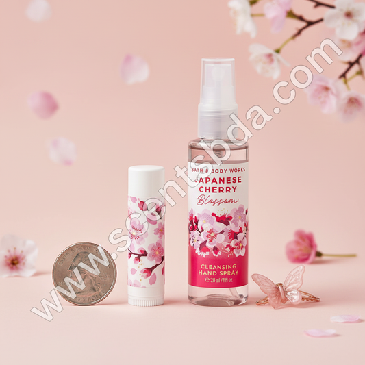 Japanese Cherry Blossom 1 fl oz Hand Sanitizer shown next to everyday items for size reference