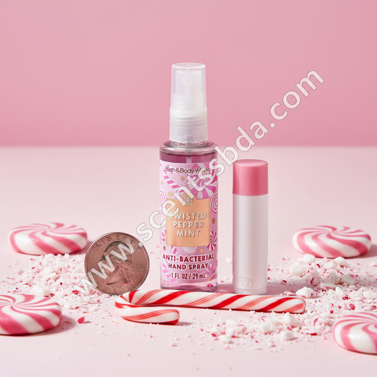 Twisted Peppermint 1 fl oz Hand Sanitizer shown next to everyday items for size reference