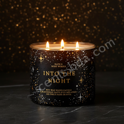 Into The Night candle on dark marble with bokeh stars and scentsbda.com watermark