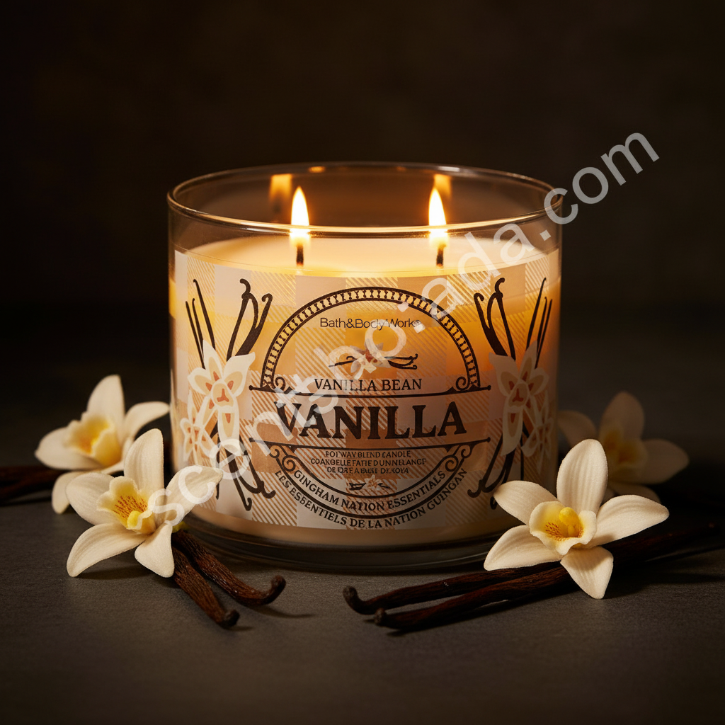 Vanilla Bean candle with moody golden lighting and vanilla pods with scentsbda.com watermark