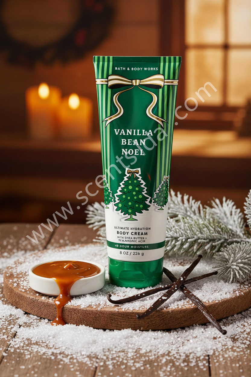 Vanilla Bean Noel Body Cream – Snowy Cottage & Vanilla Caramel Background