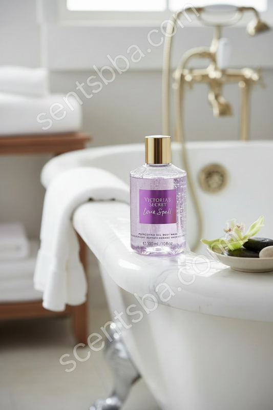 Love Spell body wash on bathtub