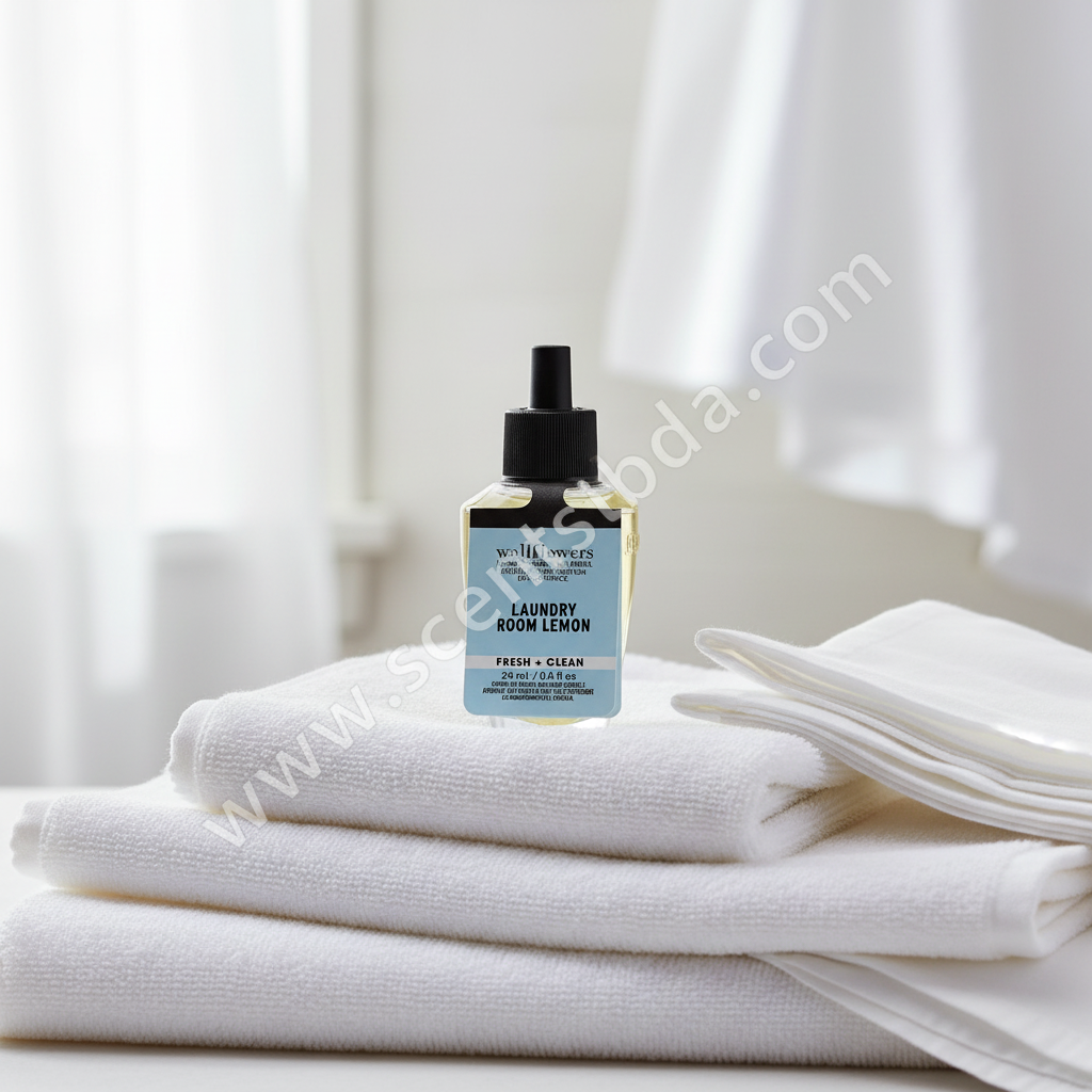 Laundry Room Lemon Wallflower Refill on stacked white linen towels with sunlight
