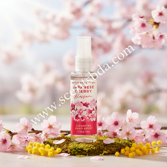 Japanese Cherry Blossom 1 fl oz Hand Sanitizer with pink cherry blossom branches and petals on dreamy spring background