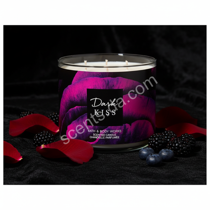 Dark Kiss candle lifestyle shot with rose petals and dark berries and scentsbda.com watermark
