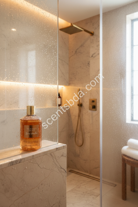 Bare Vanilla body wash bottle in a shower setting with scentsbda.com watermark