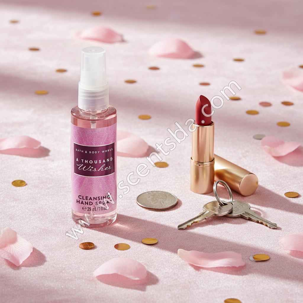 A Thousand Wishes 1 fl oz Hand Sanitizer shown next to everyday items for size reference on pink velvet