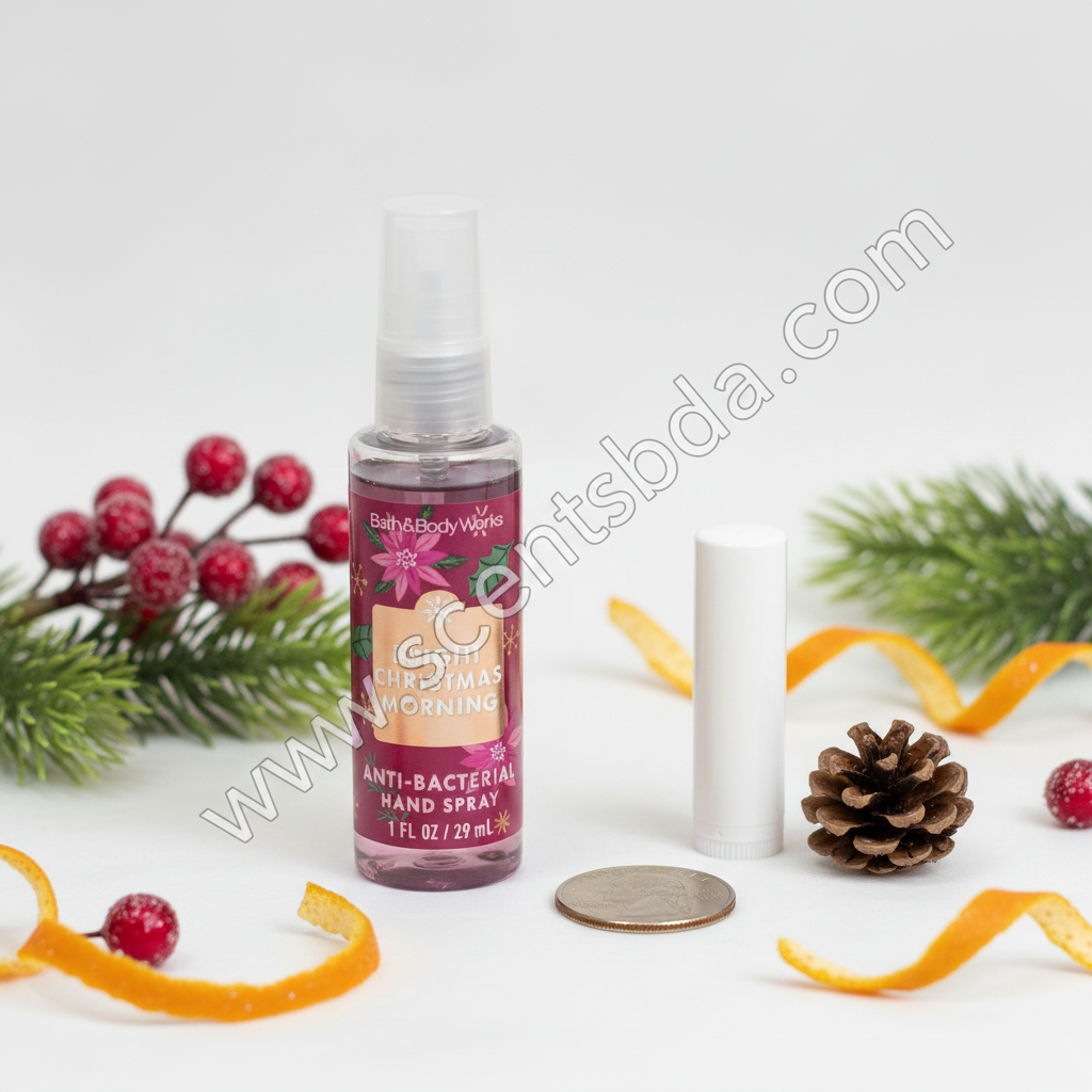 Bright Christmas Morning 1 fl oz Hand Sanitizer shown next to everyday items for size reference