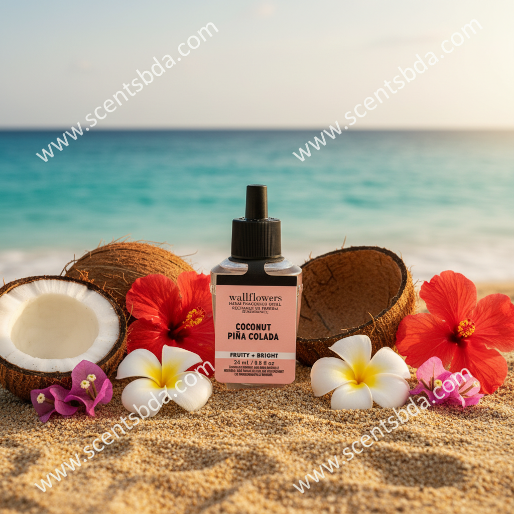 Coconut Piña Colada Wallflower Refill on sandy beach with coconut halves and ocean backdrop