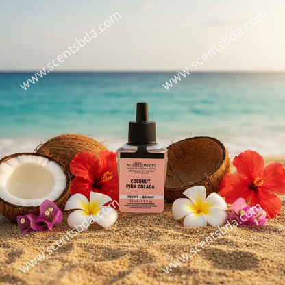 Coconut Piña Colada Wallflower Refill on sandy beach with coconut halves and ocean backdrop