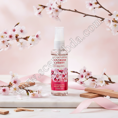 Japanese Cherry Blossom 1 fl oz Hand Sanitizer on white marble with cherry blossom branches and pink ribbon accents