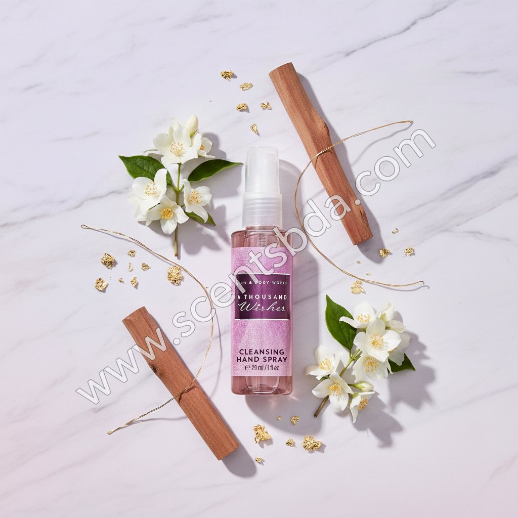 A Thousand Wishes 1 fl oz Hand Sanitizer on white marble with jasmine flowers and gold accents