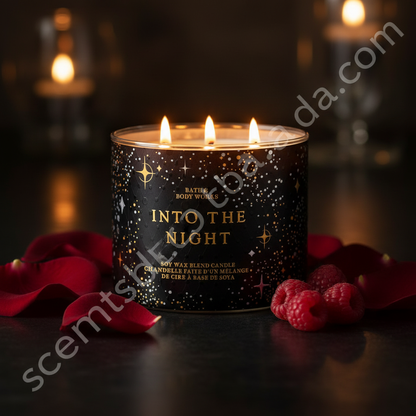 Into The Night candle lifestyle shot with rose petals and dark raspberries and scentsbda.com watermark