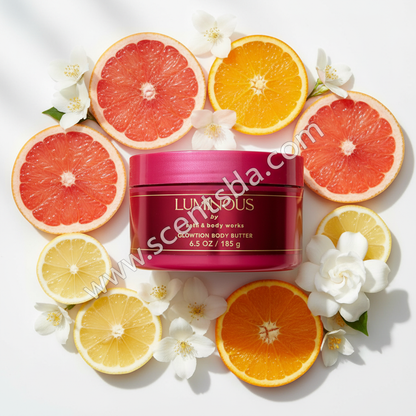 Luminous Whipped Body Butter – Citrus & White Floral Background
