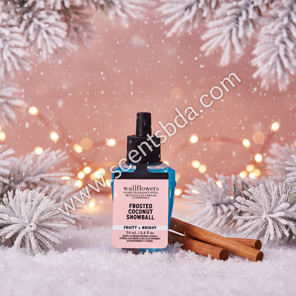 Frosted Coconut Snowball Wallflower Refill in winter wonderland with snowflakes and fairy lights