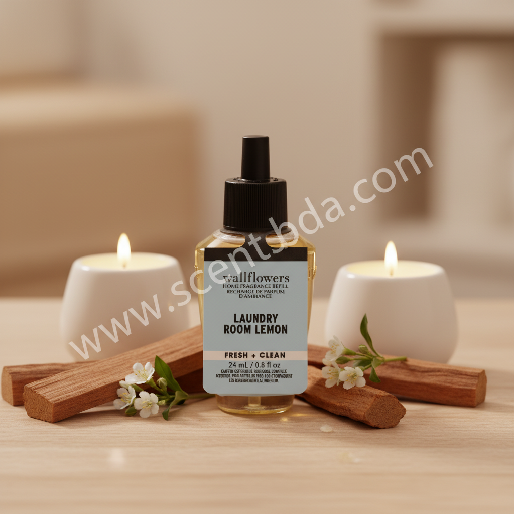 Laundry Room Lemon Wallflower Refill on wooden surface with cedarwood sticks and candles
