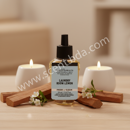 Laundry Room Lemon Wallflower Refill on wooden surface with cedarwood sticks and candles