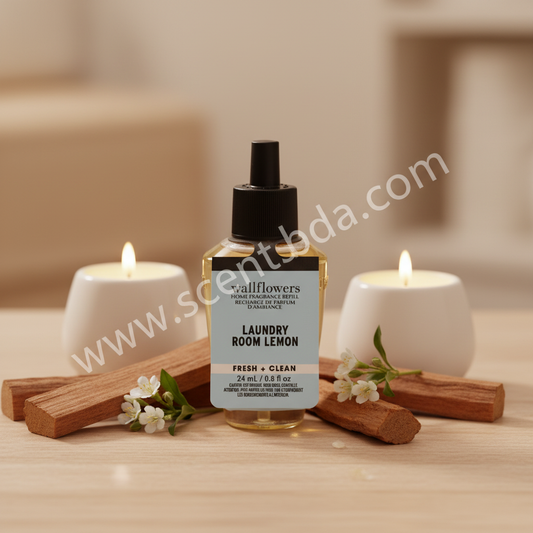 Laundry Room Lemon Wallflower Refill on wooden surface with cedarwood sticks and candles