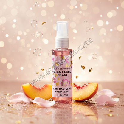Champagne Toast 1 fl oz Hand Sanitizer with peach slices, rose petals and gold confetti on sparkling background