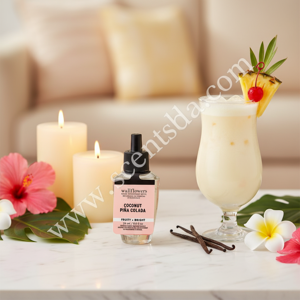Coconut Piña Colada Wallflower Refill on marble with piña colada cocktail, vanilla pods and candles
