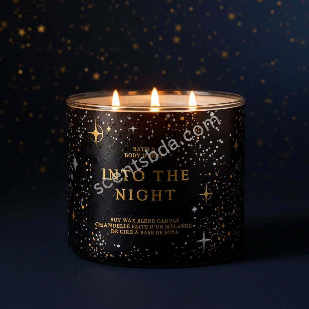Into The Night candle with dramatic starry night moody lighting and scentsbda.com watermark