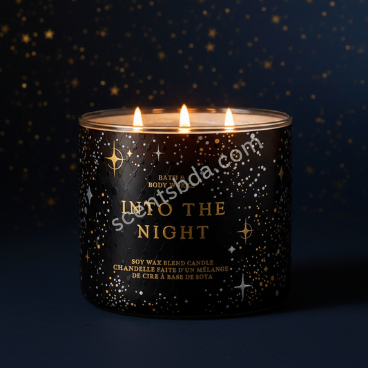 Into The Night candle with dramatic starry night moody lighting and scentsbda.com watermark