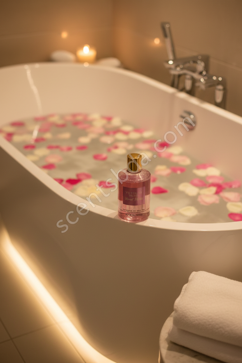 Velvet Petals body wash on bathtub