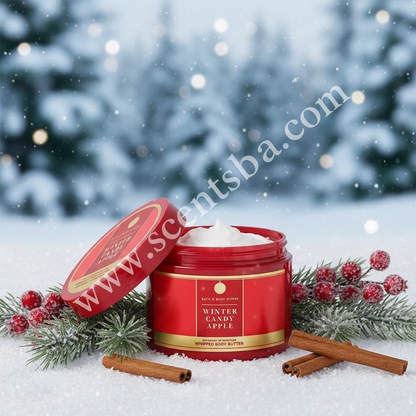 Winter Candy Apple Whipped Body Butter – Snowy Forest Background