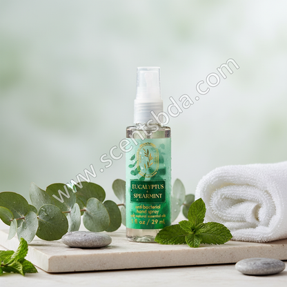 Eucalyptus Spearmint 1 fl oz Hand Sanitizer with eucalyptus branches and river stones on spa background