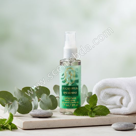 Eucalyptus Spearmint 1 fl oz Hand Sanitizer with eucalyptus branches and river stones on spa background