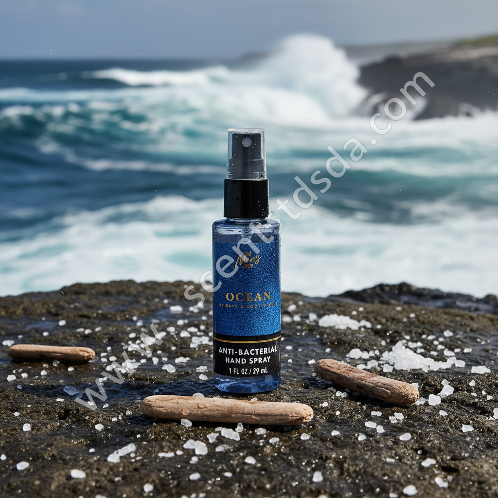 Men's Ocean 1 fl oz Hand Sanitizer with sea salt and driftwood on deep navy coastal background