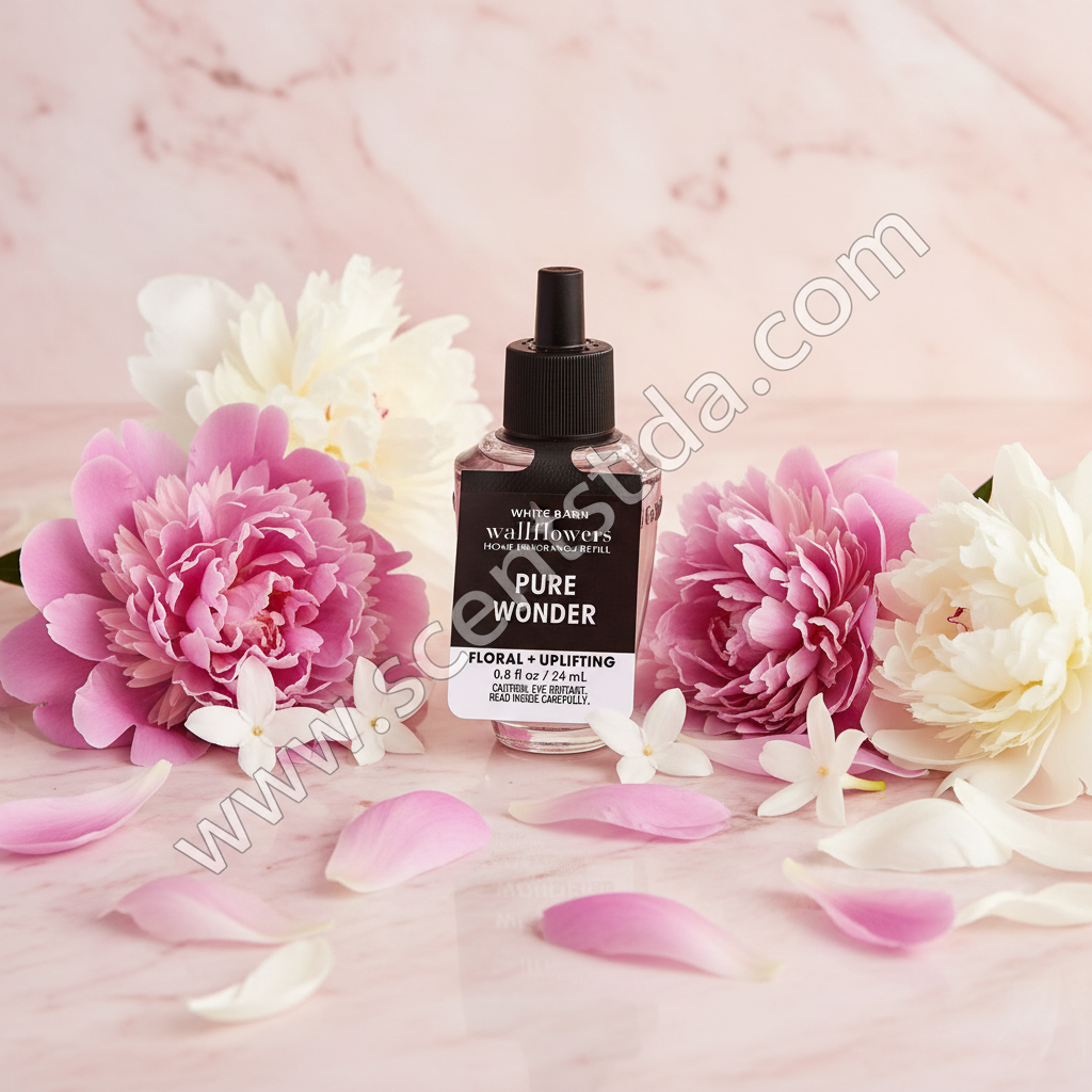 Pure Wonder Wallflower Refill on blush pink marble with peony blooms and jasmine flowers