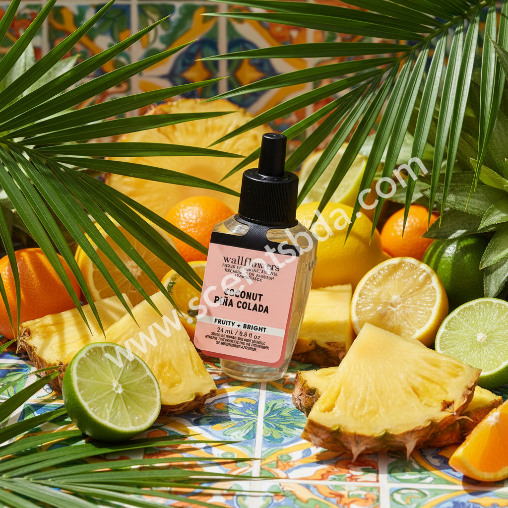 Coconut Piña Colada Wallflower Refill with pineapple slices, citrus fruits and palm leaves