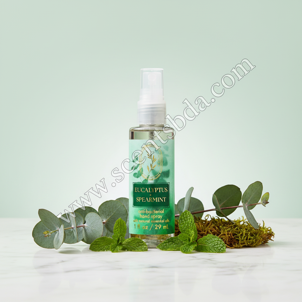Eucalyptus Spearmint 1 fl oz Hand Sanitizer on white marble with eucalyptus sprigs and mint green gradient