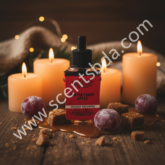Winter Candy Apple Wallflower Refill on rustic wood with caramel drizzle, sugared plums and candles
