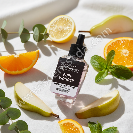 Pure Wonder Wallflower Refill with fresh pears, citrus fruits and green leaves