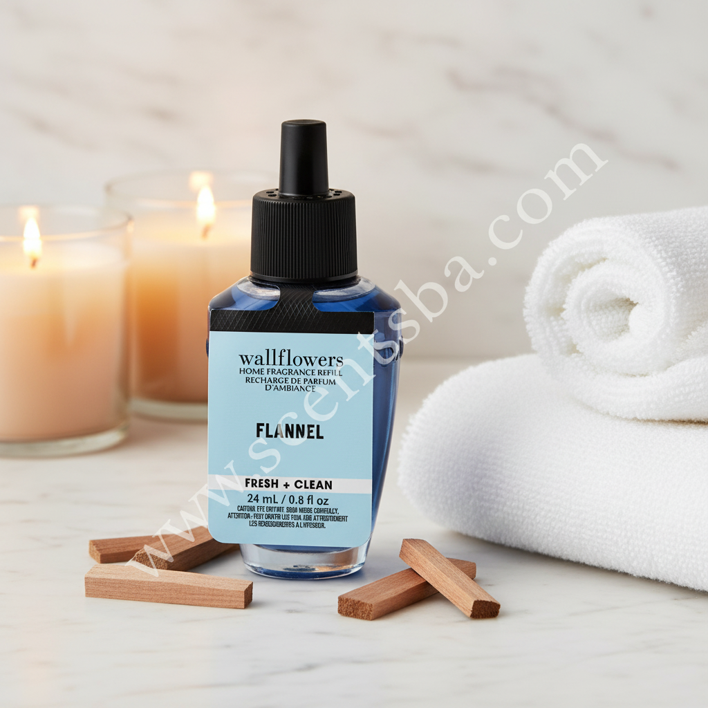 Flannel Wallflower Refill on white marble with sandalwood and candles