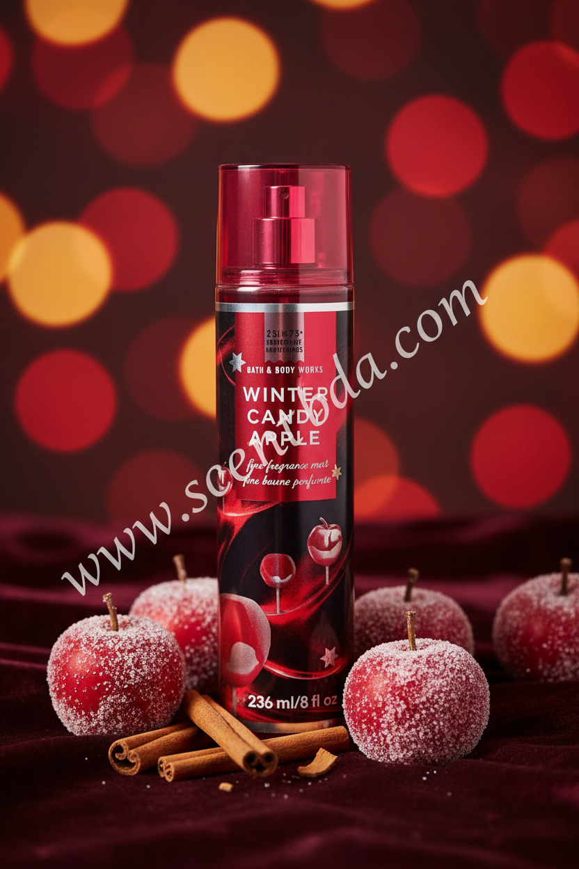 Winter Candy Apple Fine Fragrance Mist – Dark Velvet & Gold Bokeh Background
