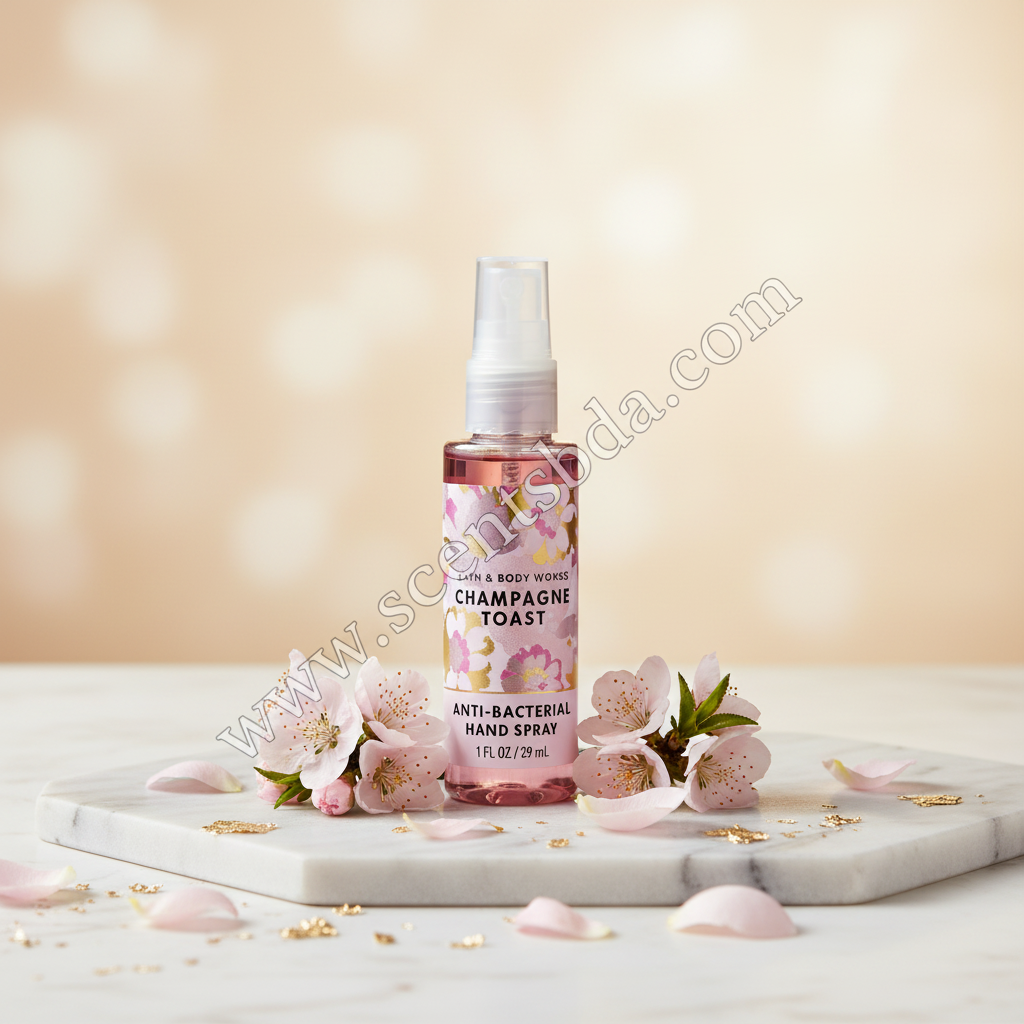Champagne Toast 1 fl oz Hand Sanitizer on white marble with peach blossoms and gold leaf accents